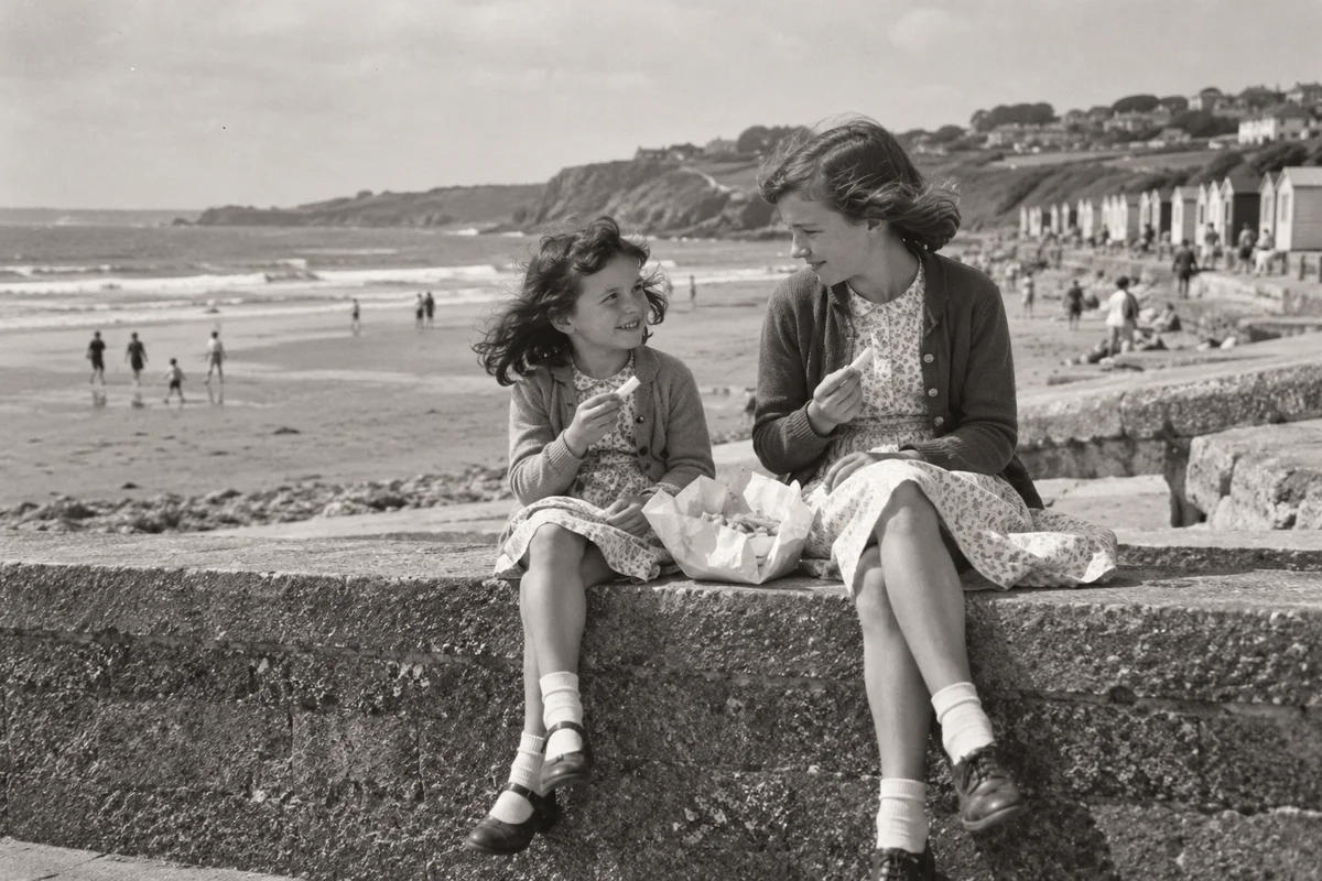 Illustrative 1950s black-and-white photograph of two sisters sharing chips beside the sea