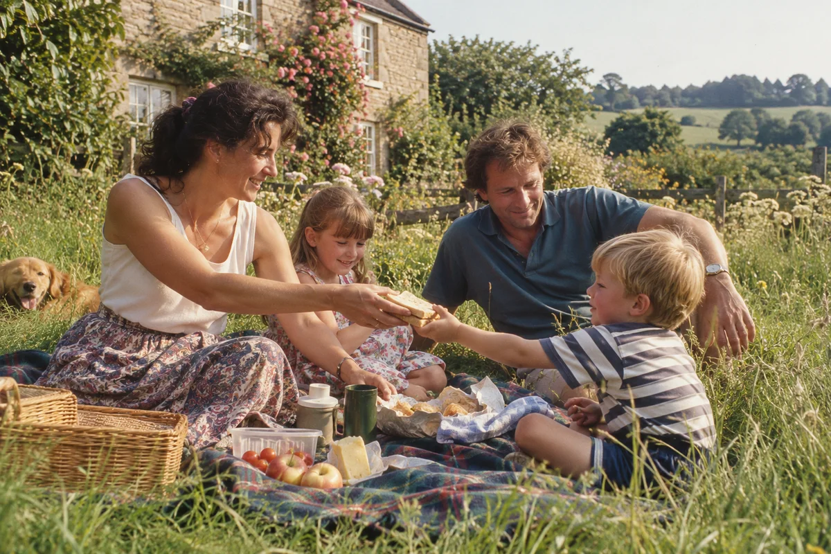 Illustrative 1990s family snapshot of parents and children having a picnic in a cottage garden