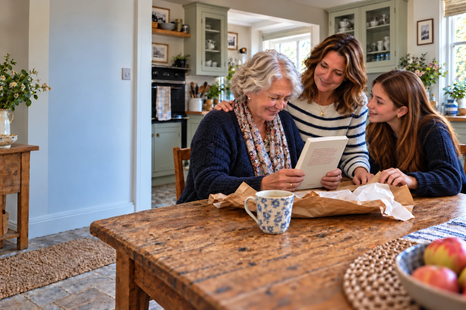 Eleanor holding her newly unwrapped hardback memoir in both hands while her daughter and granddaughter watch her reaction