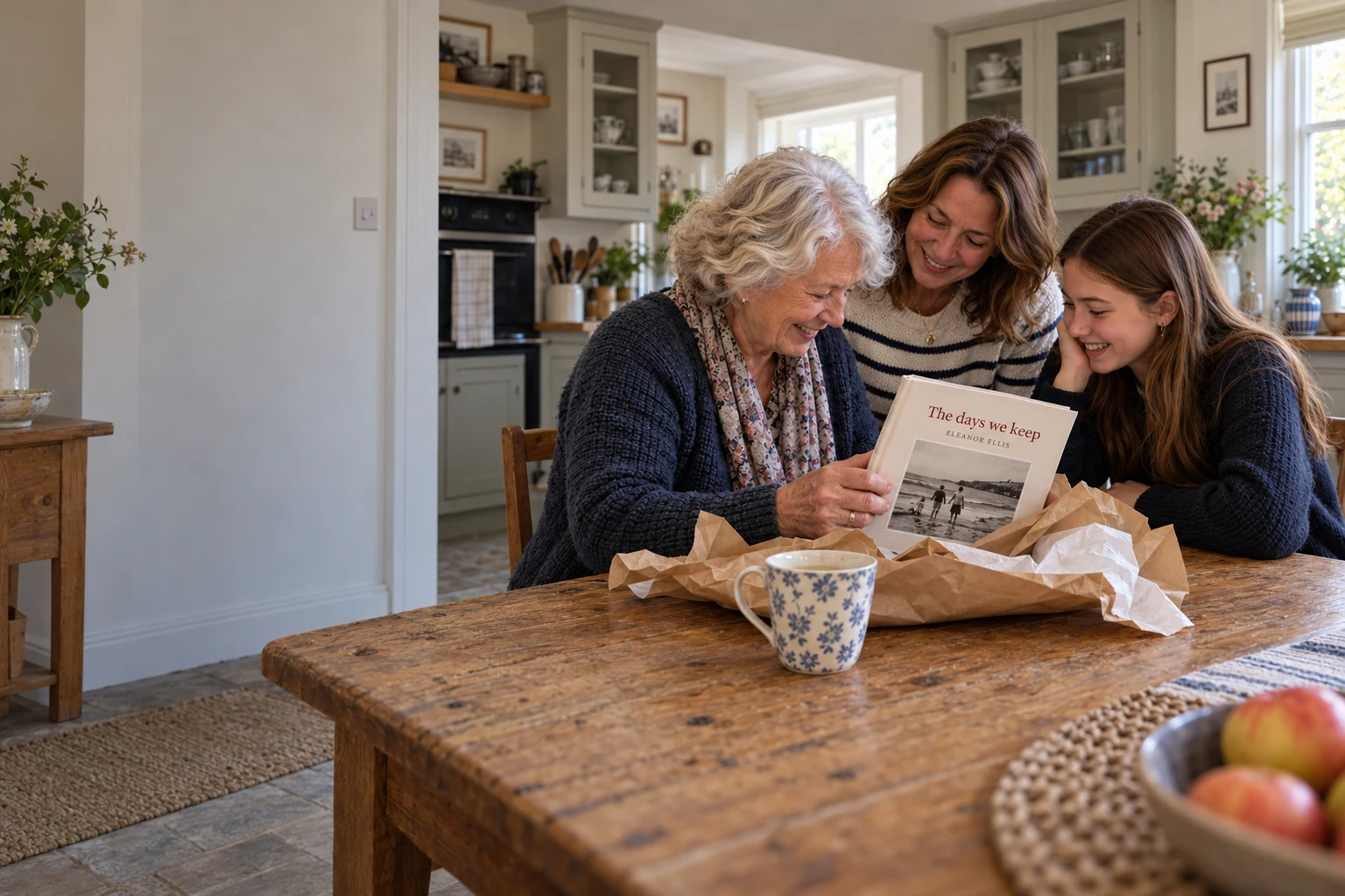 Eleanor unwrapping her family book at the kitchen table, with her daughter and granddaughter beside her