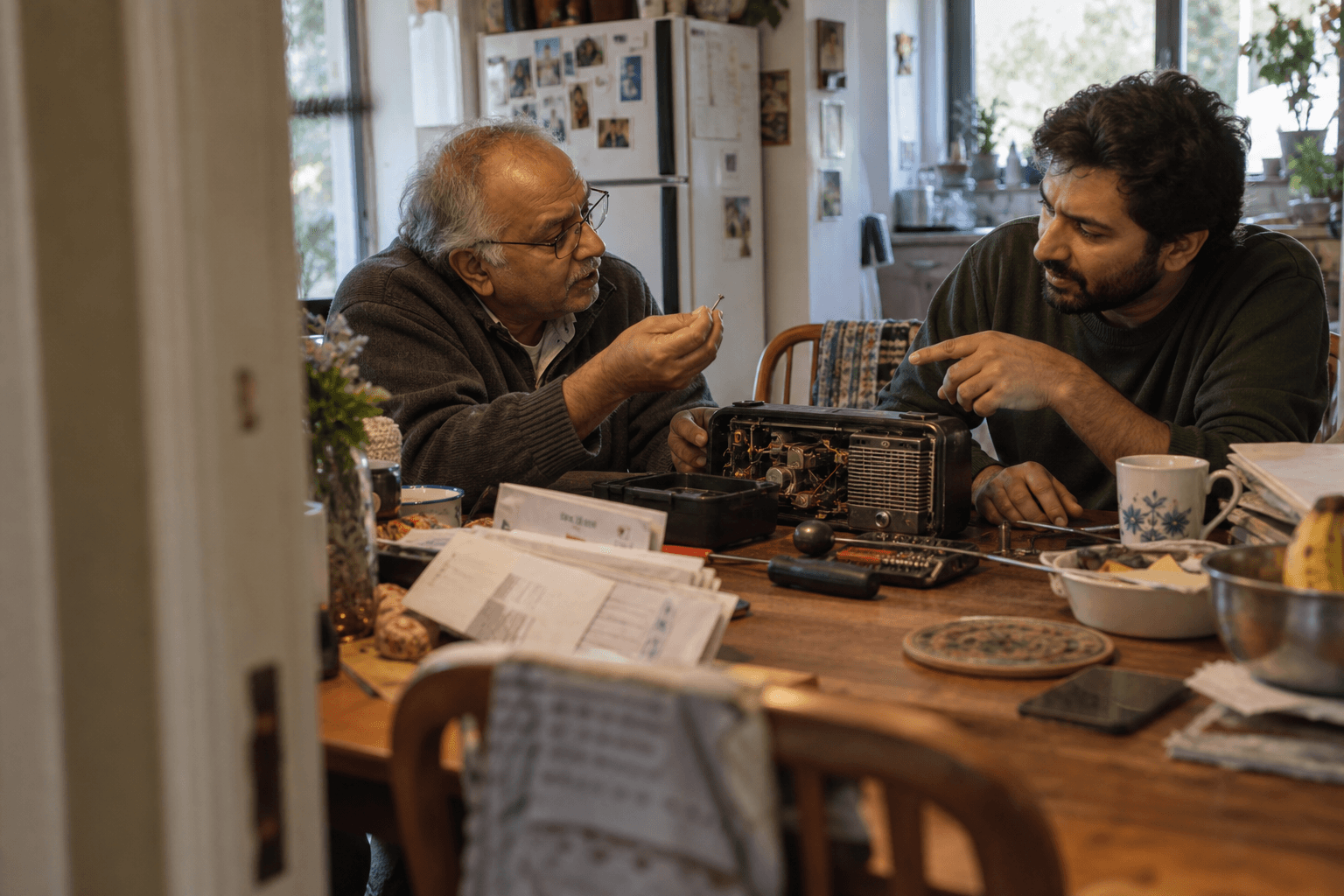A father and son repairing an old radio together at the kitchen table