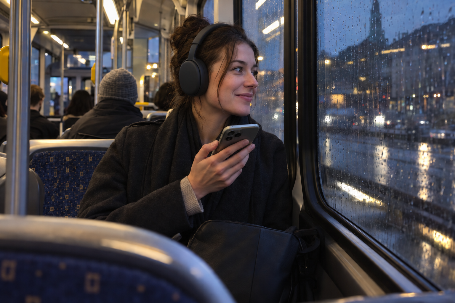 A woman wearing headphones and recording a voice memory while travelling on a rainy city tram