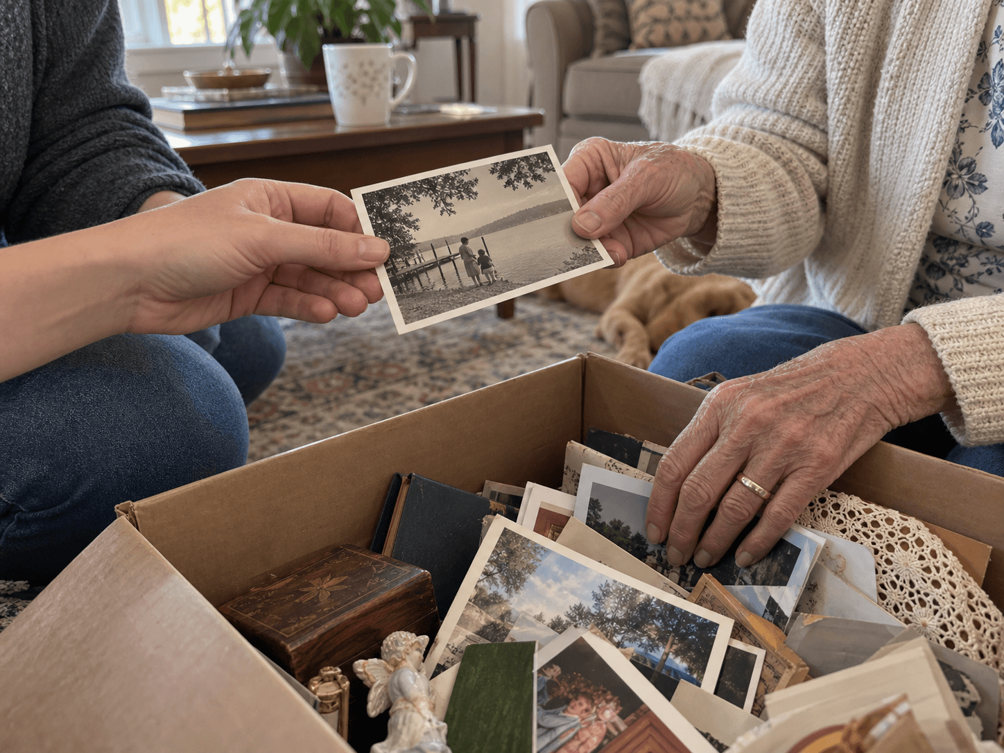 Two generations sorting family photographs and keepsakes together