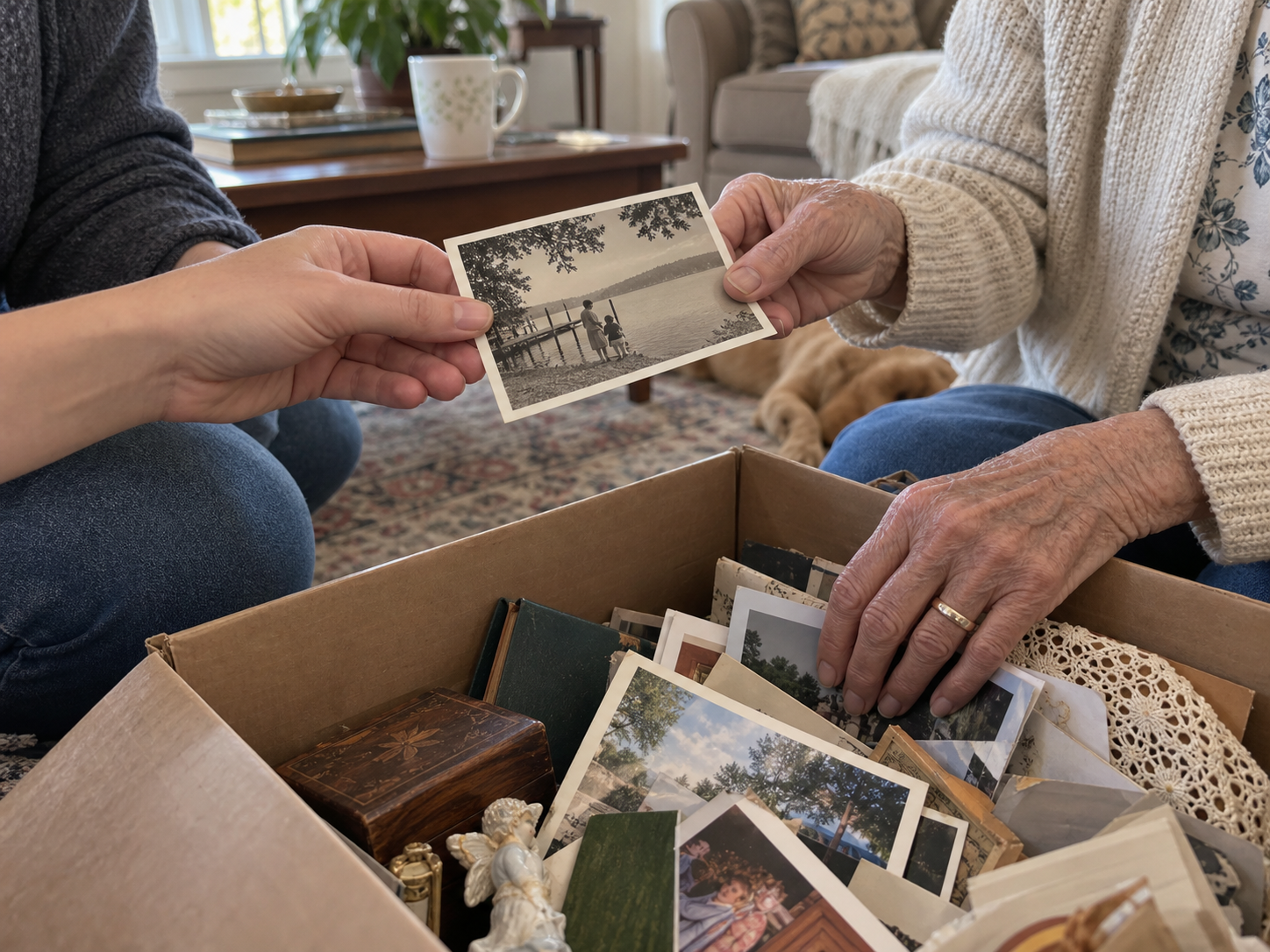 Two generations sorting family photographs and keepsakes together