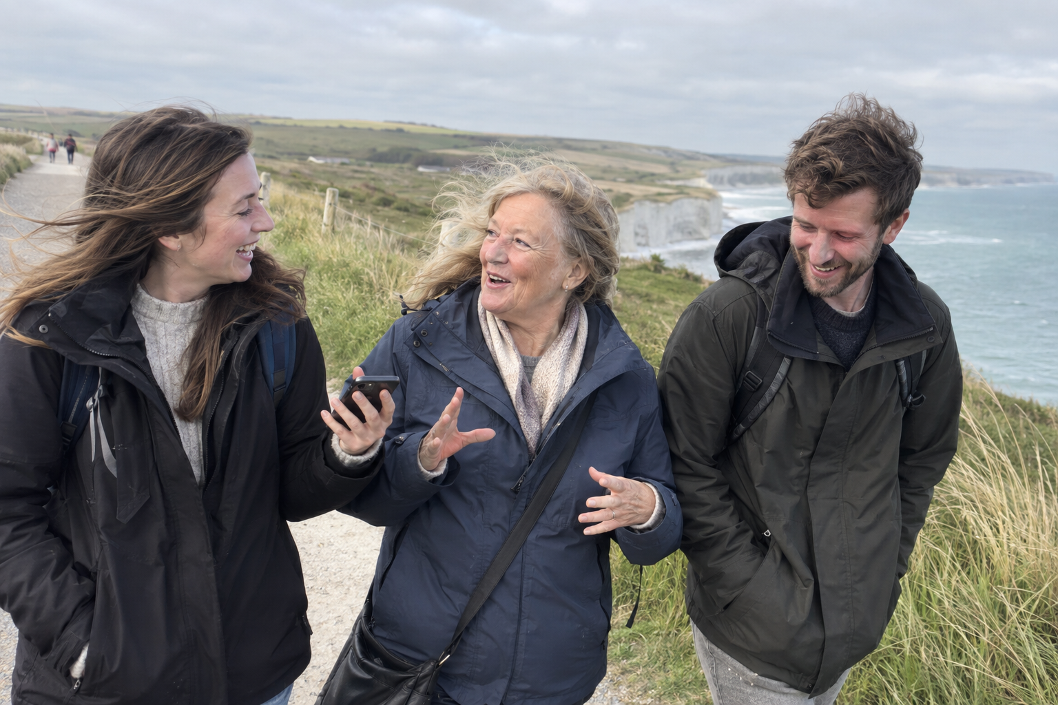 A mother telling a story to her adult children during a windy coastal walk