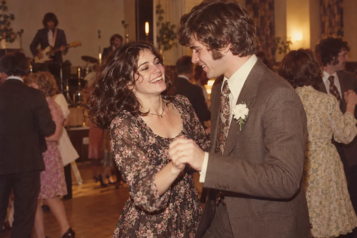 Illustrative 1970s colour photograph of a young couple laughing as they dance in a village hall